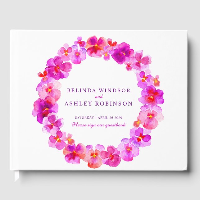 Pink pansy wreath watercolor wedding guest book (Front)