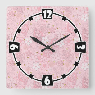 Pink paper flowers square wall clock