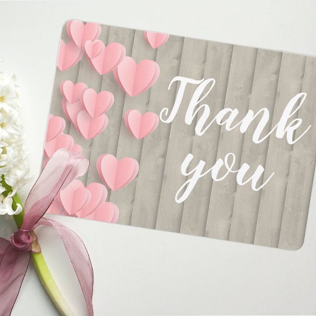 Pink Paper Hearts on Barn Wood Thank You Card (Creator Uploaded)