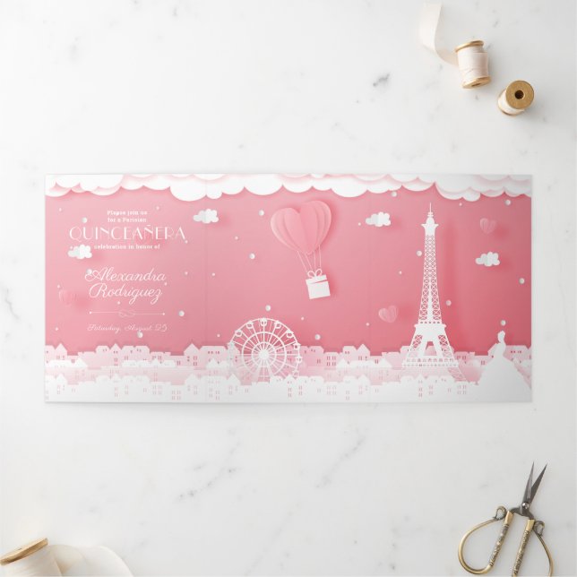Pink Paper Paris Quinceañera Tri-Fold Invitation (Outside)