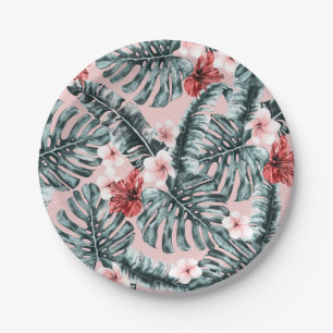 Pink Paradise Tropical Island Floral Botanical Paper Plate