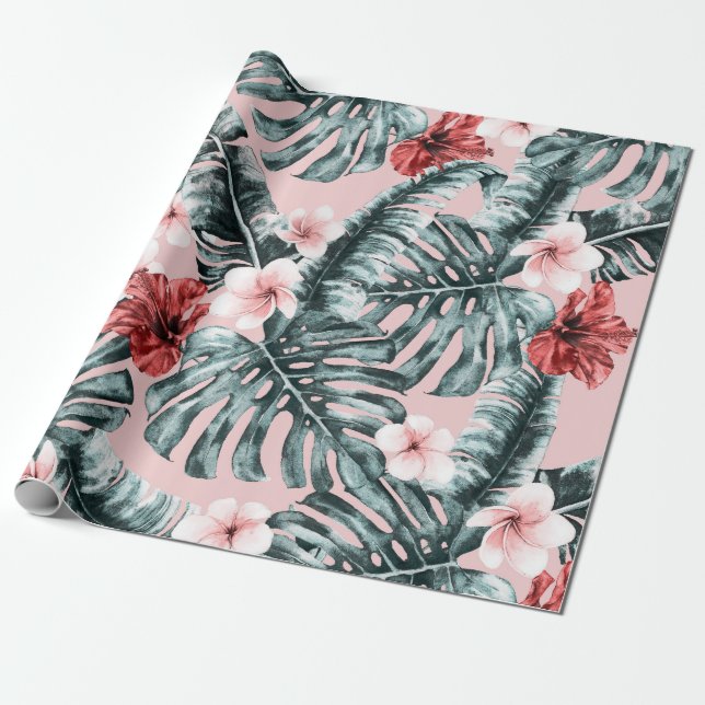 Pink Paradise Tropical Island Floral Botanical Wrapping Paper (Unrolled)