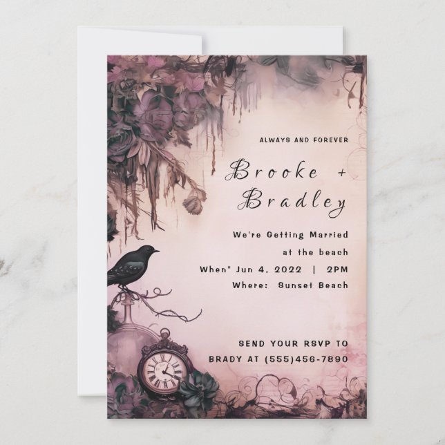 Pink‑Parchment Gothic Timepiece Wedding Invitation (Front)