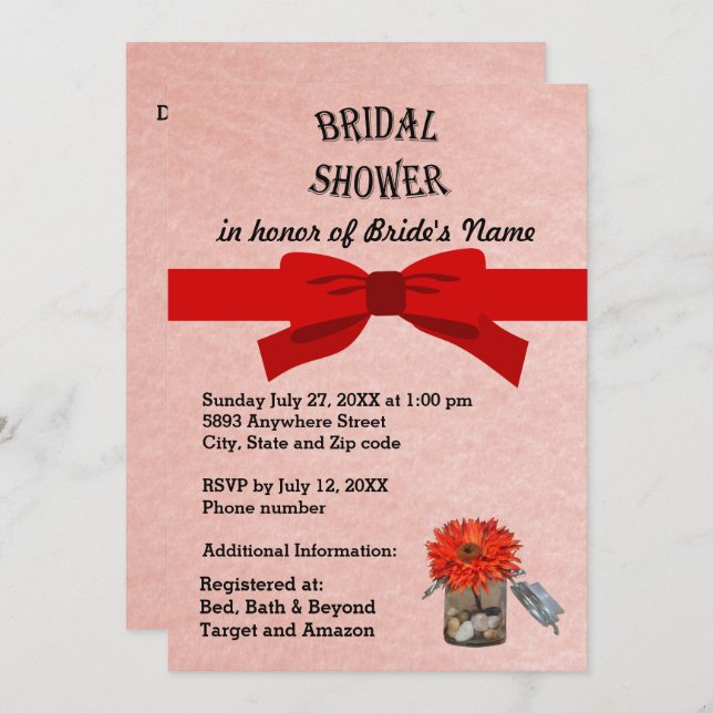 Pink Parchment Orange Flower in Jar Bridal Shower Invitation (Front/Back)
