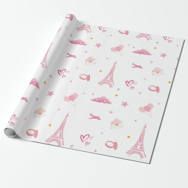 Pink Paris Birthday Gift wrapping Paper Eiffel (Unrolled)