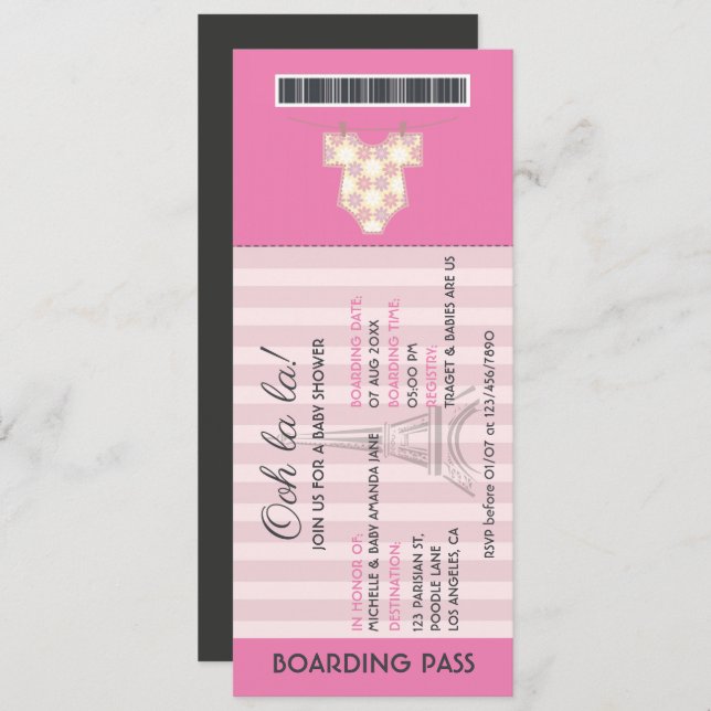 Pink Paris Boarding Pass Baby Shower invitation (Front/Back)