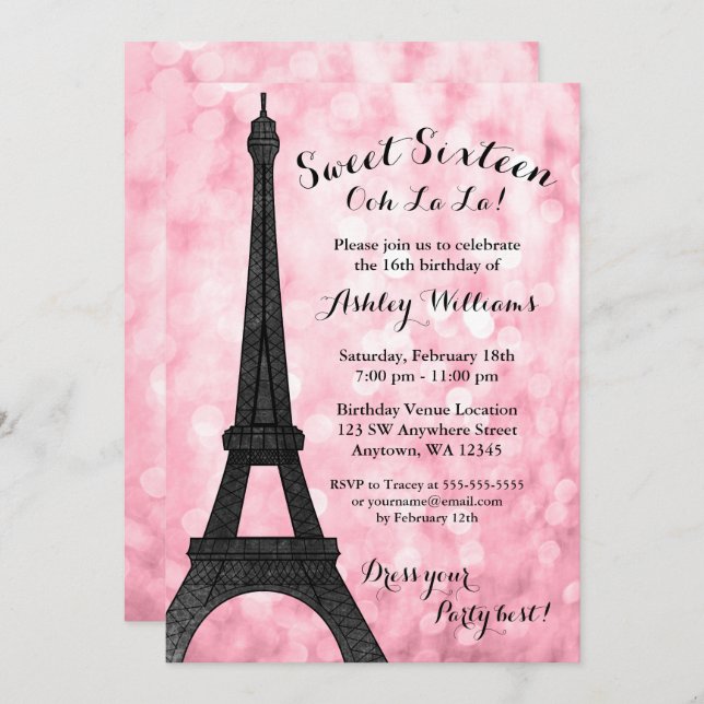 Pink Paris Bokeh Glitter Lights Sweet 16 Invitation (Front/Back)