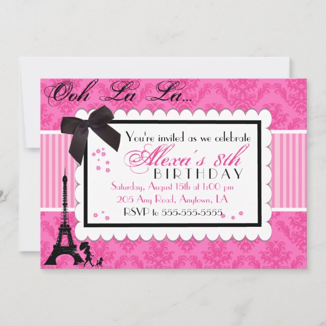 Pink Paris Damask birthday invitation (Front)