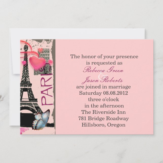 pink paris eiffel tower destination wedding invitation (Front)