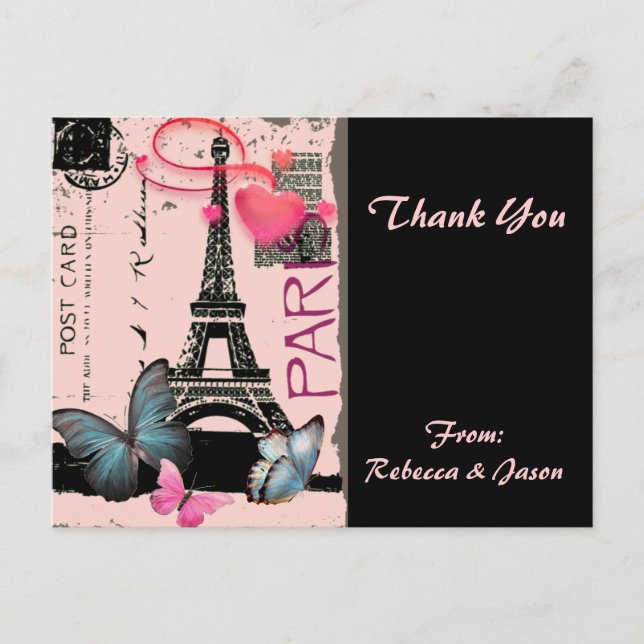 pink paris eiffel tower destination wedding postcard (Front)