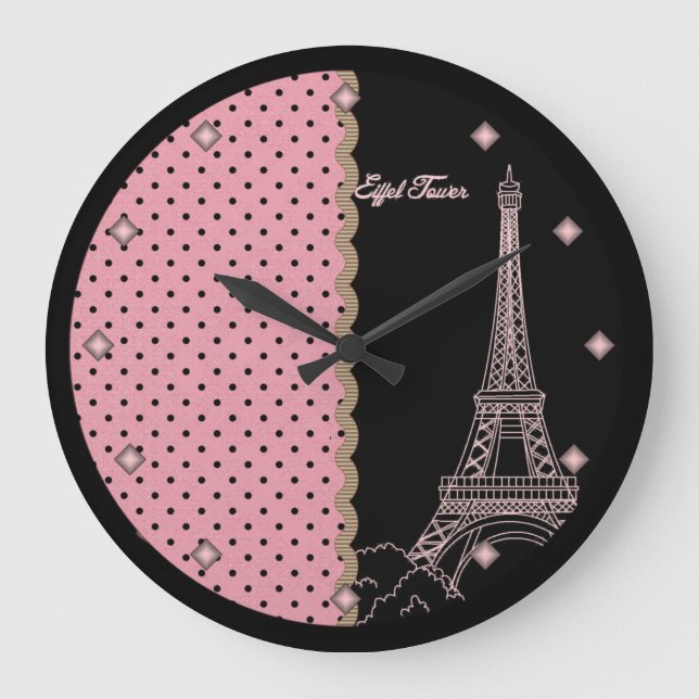 Pink Paris Eiffel Tower Round Wall Clock (Front)