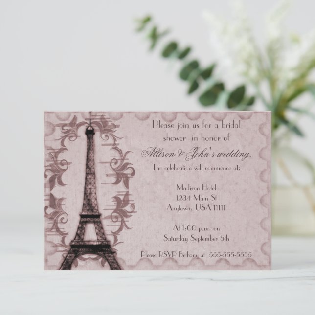 Pink Paris Grunge Bridal Shower Invitation (Standing Front)