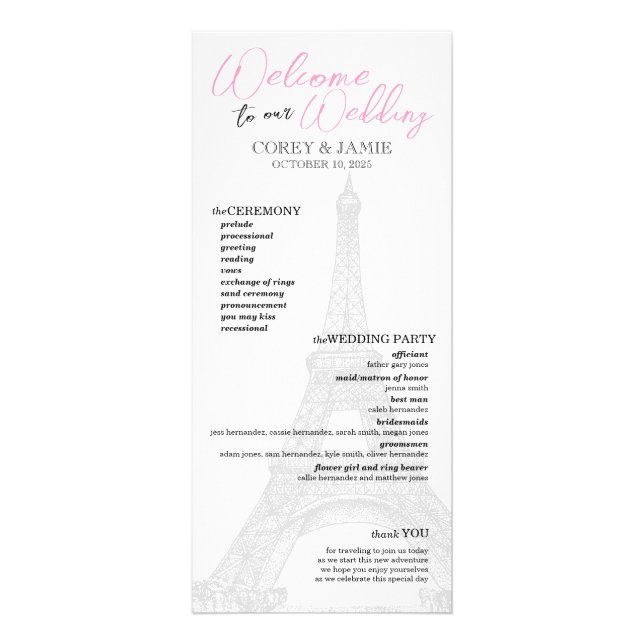 Pink Paris Passport Wedding Program Rack Card (Front)