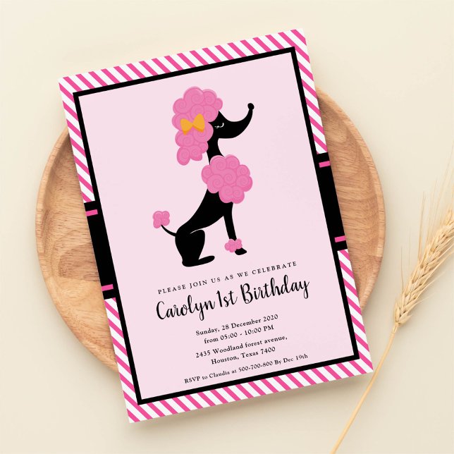 Pink paris poodle first birthday party invitation (Creator Uploaded)