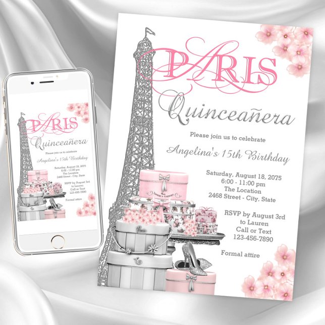 Pink Paris Quinceanera Invitation (Paris Quinceanera invitations. Instant download and printed invitations available.)