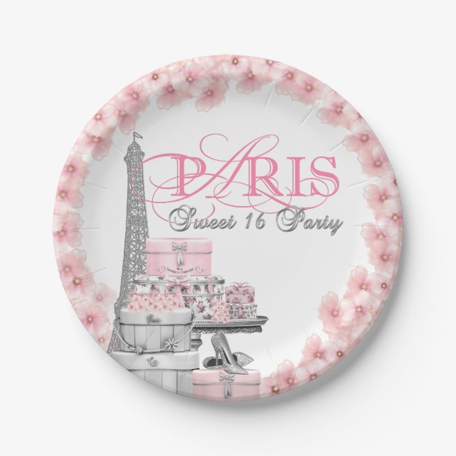 Pink Paris Sweet 16 Birthday Party Paper Plate (Front)