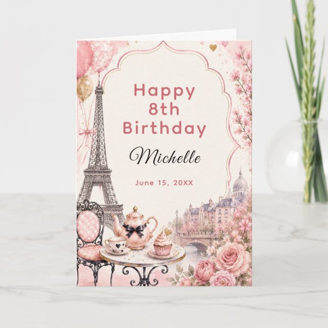 Pink Paris Tea Party Birthday Card (Front)