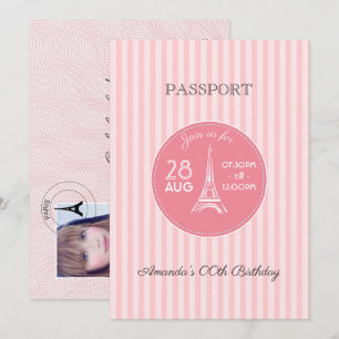 Pink Paris Theme Birthday Party Passport Add Photo Invitation