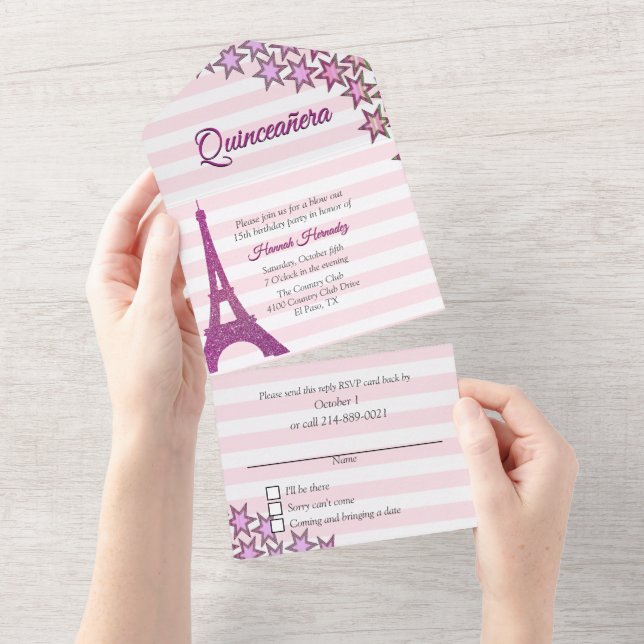 Pink Paris Themed Quinceañera All In One Invitation (Tearaway)