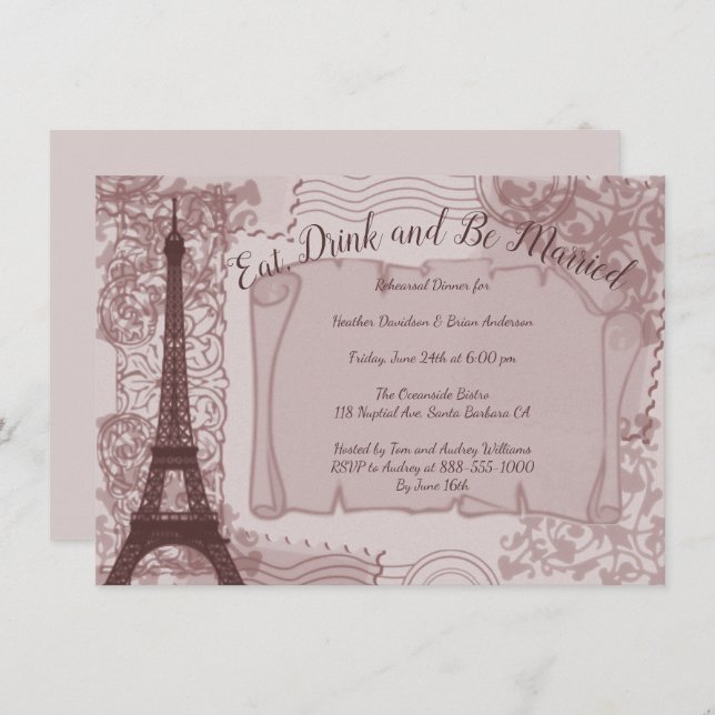 Pink Parisian Rehearsal Dinner Invitation (Front/Back)