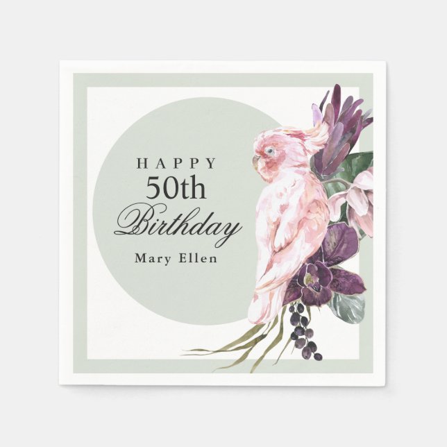 Pink Parrot Boho Botanical 50th Birthday Napkin (Front)