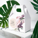 Pink Parrot Boho Tropical 50th Birthday Party Favour Box<br><div class="desc">Add a memorable personal touch to a 50th birthday celebration with this custom gabled favour box. The theme is boho tropical floral and is fabulous! A pale rose beige round frame surrounds the text along with a beautiful pink parrot sitting atop a bouquet of tropical floral elements that include purple...</div>