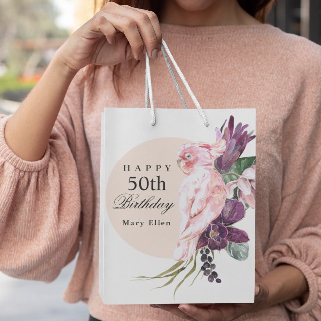 Pink Parrot Boho Tropical 50th Birthday Party Medium Gift Bag (Create a cute custom gift bag to celebrate a milestone birthday. She'll love it!)