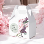 Pink Parrot Boho Tropical 60th Birthday Party Favour Box<br><div class="desc">Add a memorable personal touch to a 60th birthday celebration with this custom gabled favour box. The theme is boho tropical floral and is fabulous! A sage green round frame surrounds the text along with a beautiful pink parrot sitting atop a bouquet of tropical floral elements that include purple protea...</div>