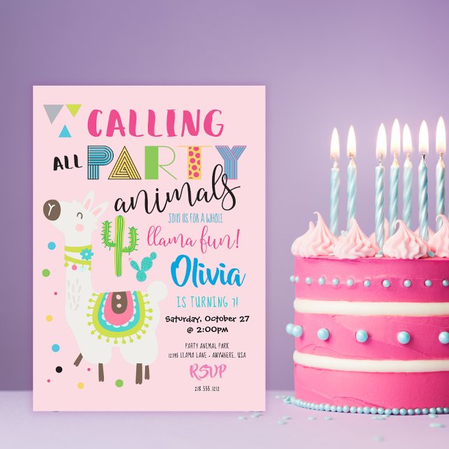Pink Party Animal Cute Llama Birthday Invitation (Creator Uploaded)