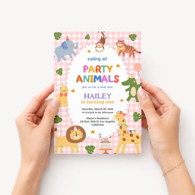 Pink Party Animals 1st Birthday Invitation (Pink Party Animals first birthday invitation for a fun and playful girl birthday. 🎉🦁🎀)