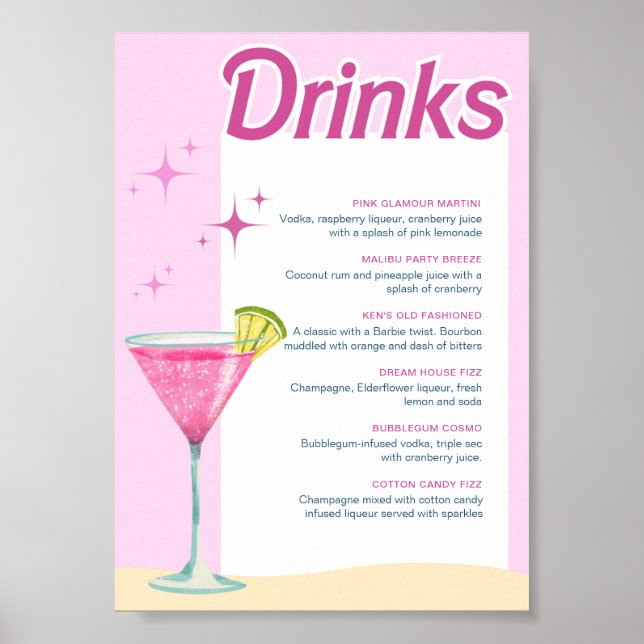 Pink Party Bachelorette Cocktail Menu Poster (Front)