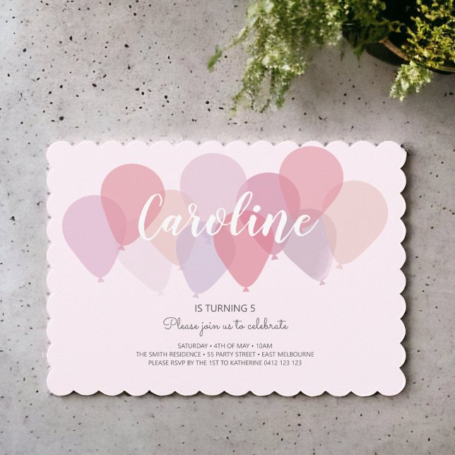 Pink Party Balloons Cute Birthday Invitation (Creator Uploaded)