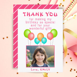 Pink Party Balloons Girl Birthday Photo Thank You Card