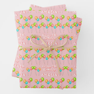 Pink Party Balloons Kid Happy Birthday Wrapping Paper Sheet