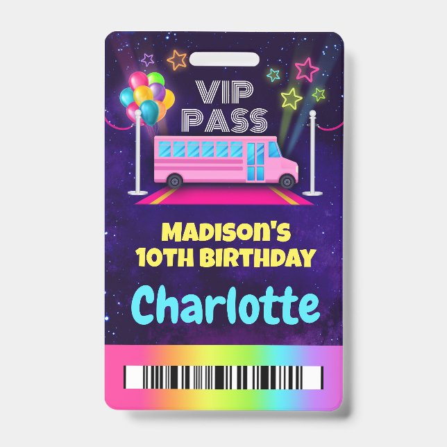 Pink Party Bus VIP Pass Lanyard ID Badge (Front)