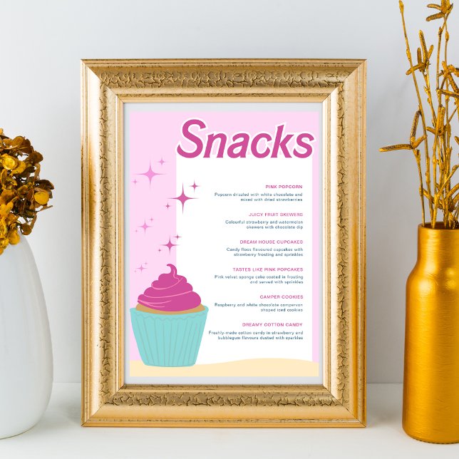 Pink Party Cupcake Sweet Snacks Menu Poster (Pink Cupcake Sweet Snacks Menu for Pink Themed Birthday Parties and Bachelorettes)