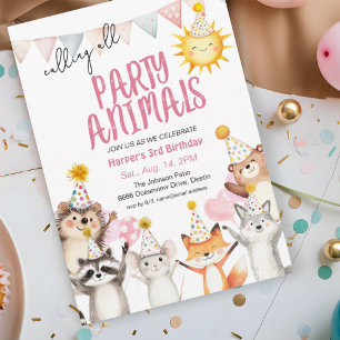 Pink Party Forest Animals in Party Hats Birthday Invitation