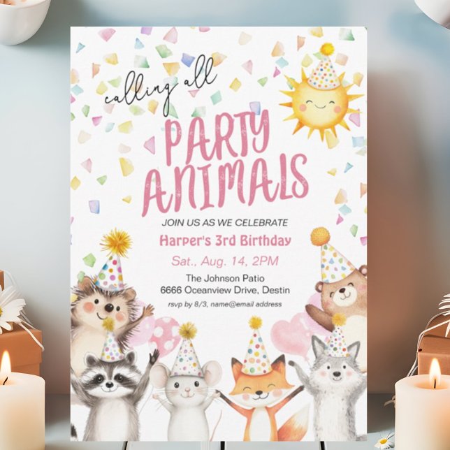 Pink Party Forest Animals in Party Hats Birthday Invitation (Creator Uploaded)