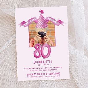 Pink Party Hat 80th Birthday Open House Photo Invitation