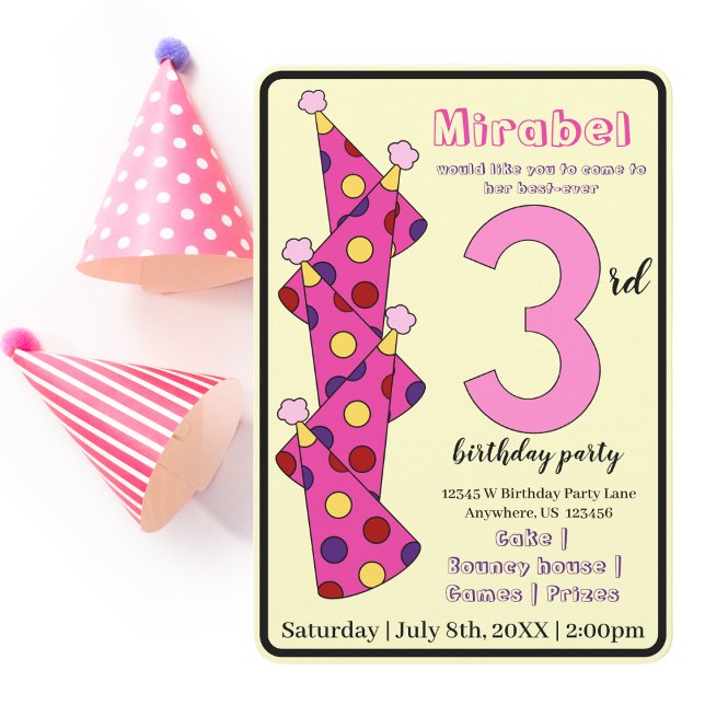 Pink Party Hats 3rd Birthday Party Kids Invitation (Creator Uploaded)