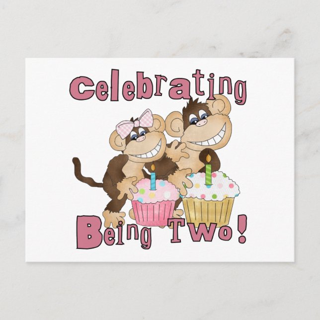 Pink Party Monkey 2nd Birthday Tshirts and Gifts Invitation Postcard (Front)