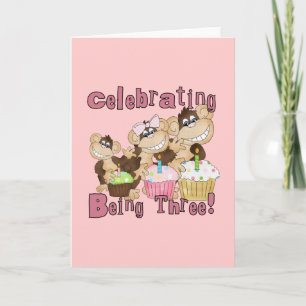 Pink Party Monkey 3rd Birthday Tshirts and Gifts Card
