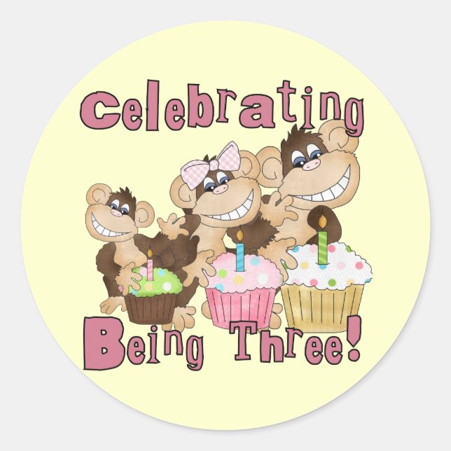 Pink Party Monkey 3rd Birthday Tshirts and Gifts Classic Round Sticker (Front)