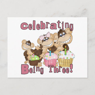 Pink Party Monkey 3rd Birthday Tshirts and Gifts Invitation Postcard