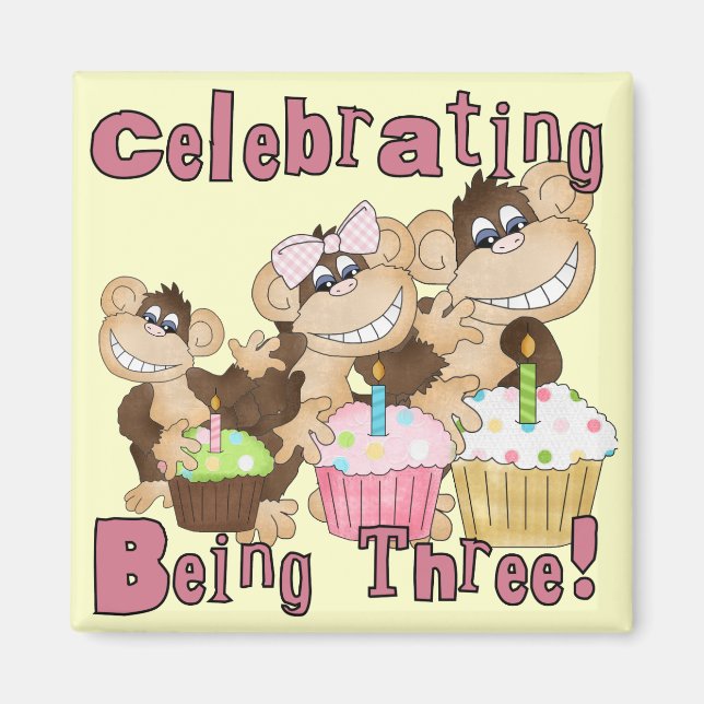 Pink Party Monkey 3rd Birthday Tshirts and Gifts Magnet (Front)