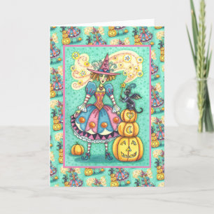 PINK PARTY WITCH IS HALLOWEEN MAGIC, BLACK CAT HOLIDAY CARD