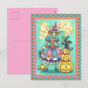PINK PARTY WITCH IS HALLOWEEN MAGIC, BLACK CAT HOLIDAY POSTCARD