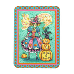 PINK PARTY WITCH IS HALLOWEEN MAGIC, BLACK CAT MAG MAGNET