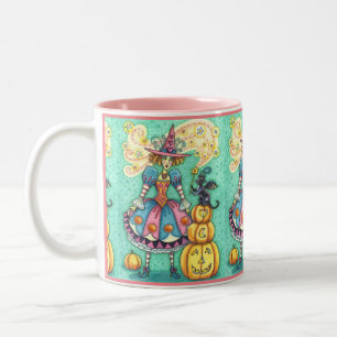 PINK PARTY WITCH IS HALLOWEEN MAGIC, BLACK CAT Two-Tone COFFEE MUG