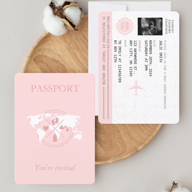 Pink Passport Travel Girl Baby Shower World Map In Invitation (Creator Uploaded)